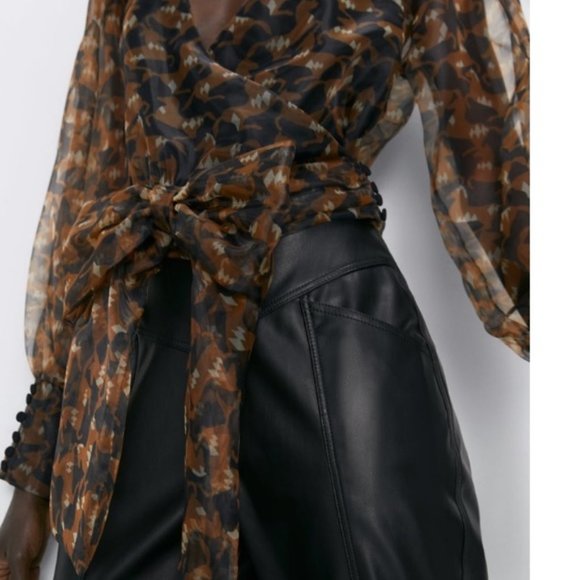 ZARA brown black printed organza blouse BISHOP SLEEVES bow NWT - Picture 4 of 7